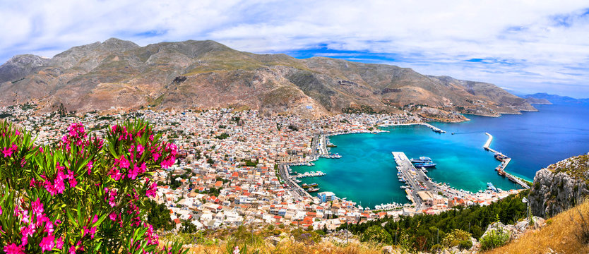 Travel in Greece - beautiful Kalymnos island, Dodecanese. view pf Pothia town from agios Savvas monastery