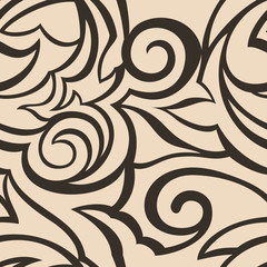 Vector texture of beige color isolated on brown background. Spirals and broken abstract shapes. Floral pattern for fabrics or packaging. Ornament with with cuts