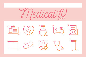 10 medical gradient style icon set vector design