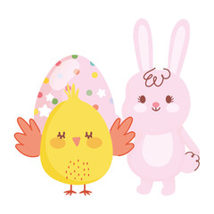 happy easter chicken and rabbit with dotted egg decoration