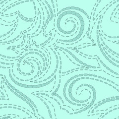 Vector geometric texture of turquoise color with a black stroke on a marine pastel background. Spirals and lines of simple shapes pattern for fabrics or paper