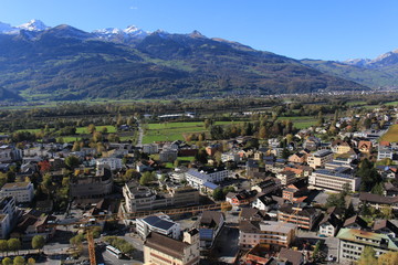 Aerial view of Vaduz, the capital city of Liechtenstein in Europe, taken from Vaduz Castle trail.