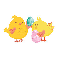 happy easter day, cute chickens with eggs decoration party