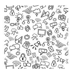 Hand Drawn Doodle Web Site Signs and Symbols. Social Media Icons Vector Seamless Pattern. Trend graphic simbols. Global communications concept