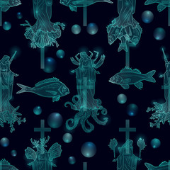 Seamless pattern with virgin Mary, crucifix, octopus, fish, corals, shells, sea animals. Perfect for greetings, wrapping paper, web design, wallpapers, printing on fabric, tattoos, invitations, menu - 328736170