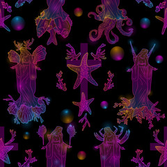 Seamless pattern with virgin Mary, crucifix, octopus, fish, corals, shells, sea animals. Perfect for greetings, wrapping paper, web design, wallpapers, printing on fabric, tattoos, invitations, menu - 328736381