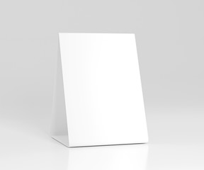 Promotional table talker isolated on white background, mockup template paper tri-fold vertical triangle cards with reflections. white sheets front & left and right view. 3d render