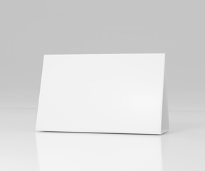 Promotional table talker isolated on white background, mockup template paper tri-fold vertical triangle cards with reflections. white sheets front & left and right view. 3d render