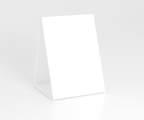 Promotional table talker isolated on white background, mockup template paper tri-fold vertical triangle cards with reflections. white sheets front & left and right view. 3d render