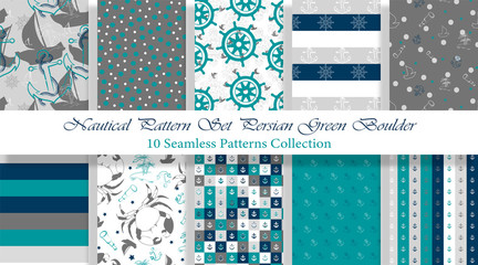 Nautical Pattern Set inspired by adventures on the seas. Persian Green Boulder color palette. Anchor, ship wheel, telescope, crab... It fits any surface you like, T-Shirt, Wall Coverings, Bed Linen, 