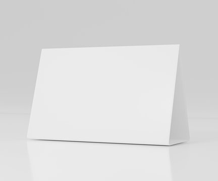 Promotional table talker isolated on white background, mockup template paper tri-fold vertical triangle cards with reflections. white sheets front & left and right view. 3d render