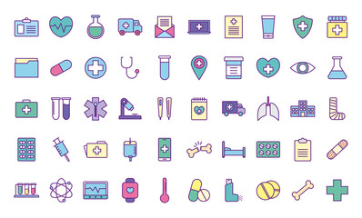 medical line and fill style icon set vector design