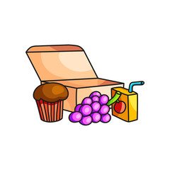 School breakfast in eco cardboard box with grapes, muffin and juice