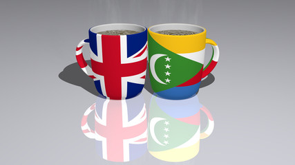 United Kingdom And Comoros placed on a cup of hot coffee mirrored on the floor in a 3D illustration with realistic perspective