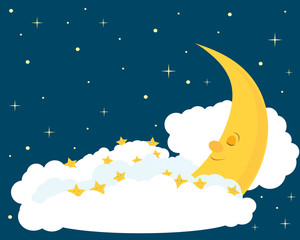 Sleeping moon with dreamy stars and clouds.