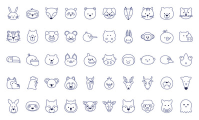 Cute animals cartoons line style icon set vector design