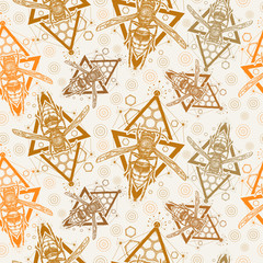 Bee tattoo. Symbol of freedom, flight. Wasp. Seamless pattern. Packing old paper, scrapbooking style. Vintage background. Medieval manuscript, engraving art