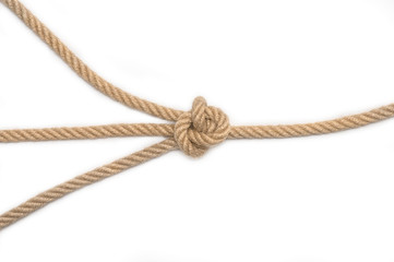 Triple knot.  Isolated image of tangled rope on white background.