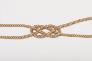 Figure of eight double knot. Isolated image od tangled ropes on white background.