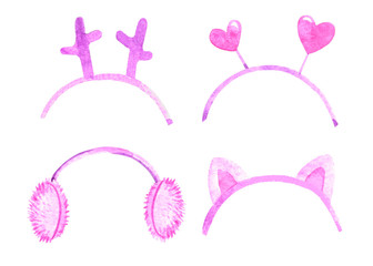 Set of headbands with horns, ears, hearts and furry earmuffs. Watercolor drawing, pink headbands isolated on a white background