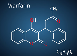 Warfarin, C19H16O4 molecule. Warfarin is an anticoagulant drug normally used to prevent blood clot formation. Structural chemical formula on the dark blue background