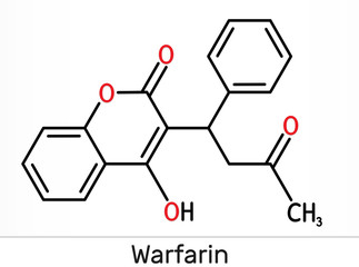 Fototapeta premium Warfarin, C19H16O4 molecule. Warfarin is an anticoagulant drug normally used to prevent blood clot formation. Skeletal chemical formula