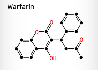 Warfarin, C19H16O4 molecule. Warfarin is an anticoagulant drug normally used to prevent blood clot formation. Skeletal chemical formula