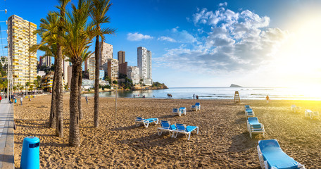 Рanoramic seascape view of summer resort with beach(Playa de Llevant) and famous skyscrapers. Costa Blanca. City of Benidorm, Alicante, Valencia, Spain. - 328739953