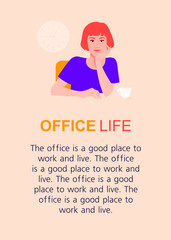 A happy young woman sits at the table and holds her head in her hand. The interesting work in office. Vertical banner with text. Vector flat illustration