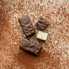 Marshmallow chocolate candy. Top view