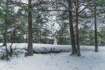 Bałwan ulepiony ze świeżego śniegu w środku lasu