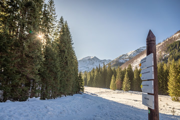 Signpost in Kościeliska valley near mountain shelter Ornak in winter © shaiith
