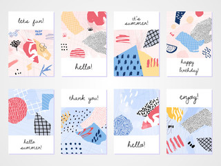 Naklejka premium Abstract colourful collage backgrounds set. Hand drawn templates for card, flyer and invitation design.