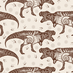 Tyrannosaur double exposure. Seamless pattern. Packing old paper, scrapbooking style. Vintage background. Medieval manuscript, engraving art. T-Rex dinosaur monster