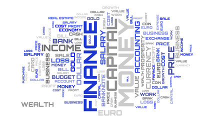 Fototapeta na wymiar Blue finance word collage on white background