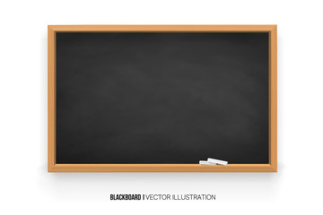 Chalkboard 3D. Realistic black blackboard in wooden frame isolated on white background.chalk on a blackboard.Rubbed out dirty chalkboard. Background for school or restaurant design, menu.vector