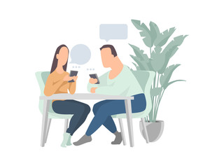 Man and woman chatting online on their smartphones. sending messages. Flat cartoon vector .friends or colleagues talking in a cafe.Concept of social network communication.
