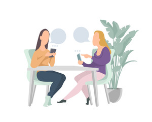 women chatting online on their smartphones. sending messages. Flat cartoon vector illustration.friends or colleagues talking in a cafe.Concept of social network communication.