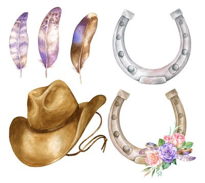  Watercolor illustration with horseshoes and floral decorations, cowboy hat and feathers.