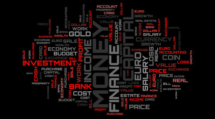 Beautiful red word cloud concept illustration. Finance red word cloud background