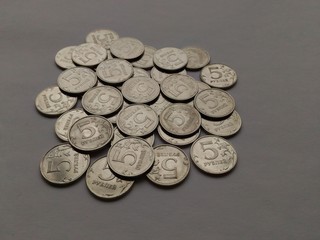 Pile of five rubles coins.