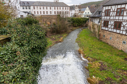 Historic buildings and Erft river in Bad Muenstereifel