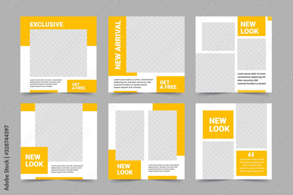 Canvas Prints set of editable square instagram banner template. black and yellow background color with stripe line