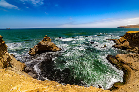 Peru, Ica Department. Paracas National Reserve. La Catedral, rock formation (the Cathedral lookout)