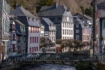 Half-timbered houses along the rur river in Monschau,