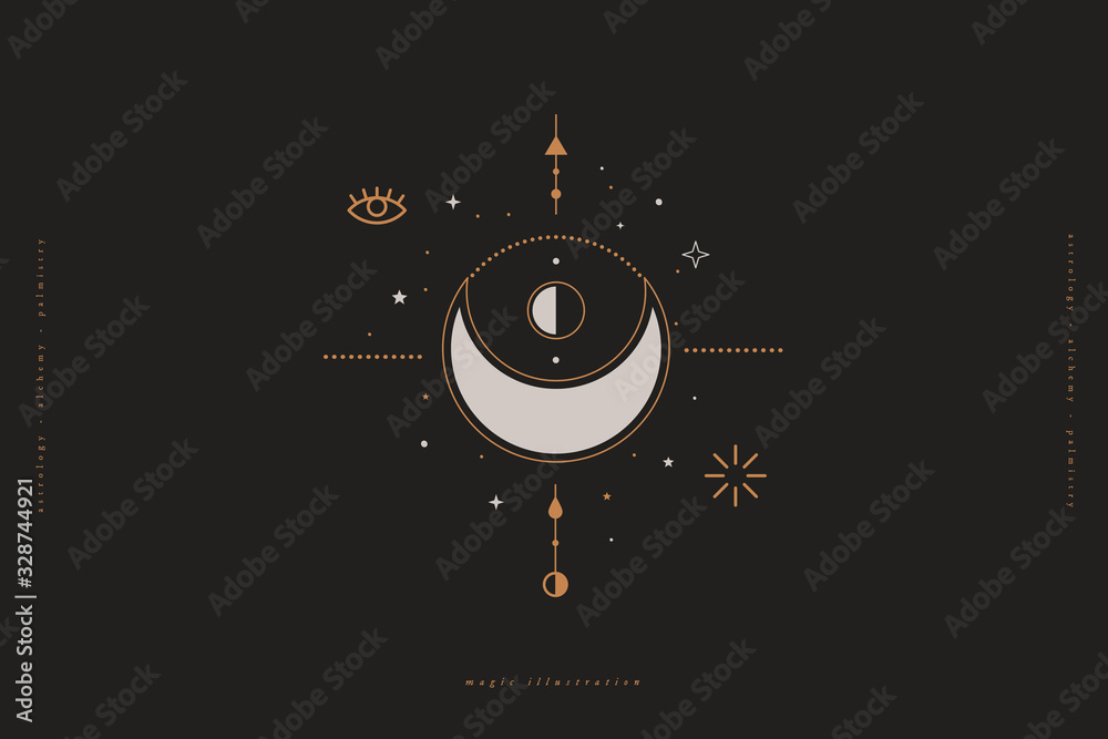 Poster Mystical composition with a crescent, eye, stars and on a dark background. Boho style and esoteric. Ethnic magic and astrological symbols. Vector illustration.