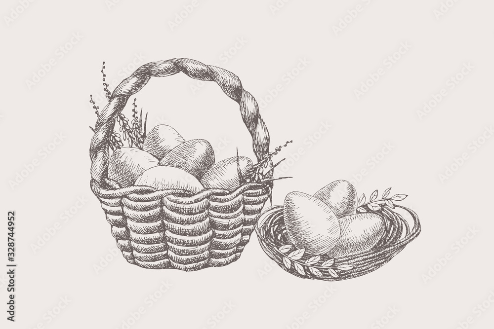 Poster set of hand-drawn symbols of spring religious holiday. easter eggs lie in a nest and a basket with p