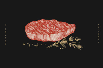 Grilled steak vector illustration. Hand-drawn piece of meat cut and rosemary branches on black background. Concept of fresh farm products. Design element for butcher shop, market, restaurant.