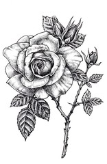 Hand drawn monochrome blooming rose, Vintage style, Botanical illustration.