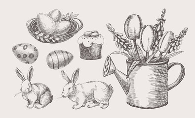 Big hand-drawn easter set of holiday symbols. White rabbits, spring flowers, Easter cake, colored eggs on a white background. Retro seasonal vector illustration for greeting card.